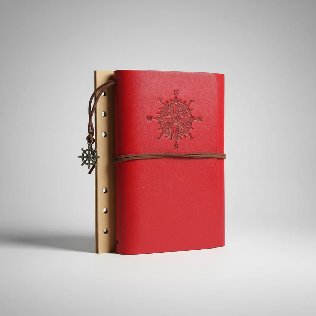 Compact refillable travel journal with vintage embossed compass design