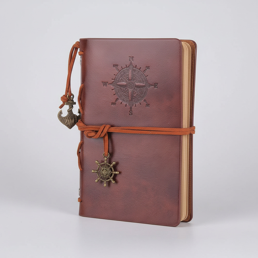 Compact refillable travel journal with vintage embossed compass design