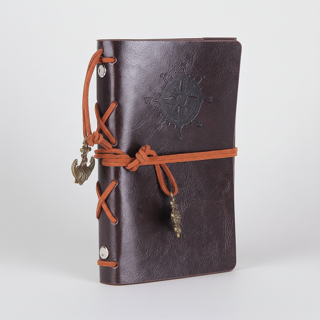 Compact refillable travel journal with vintage embossed compass design