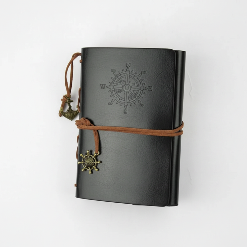 Compact refillable travel journal with vintage embossed compass design
