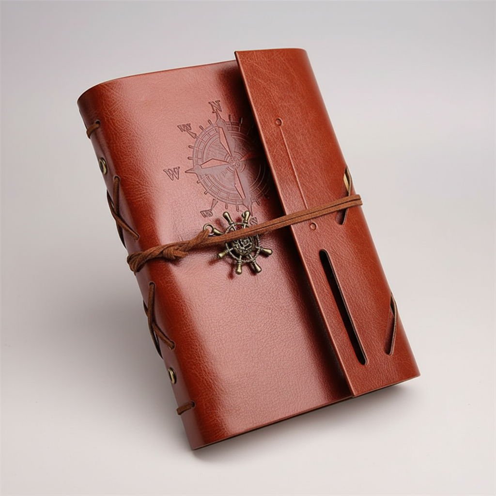 Compact refillable travel journal with vintage embossed compass design