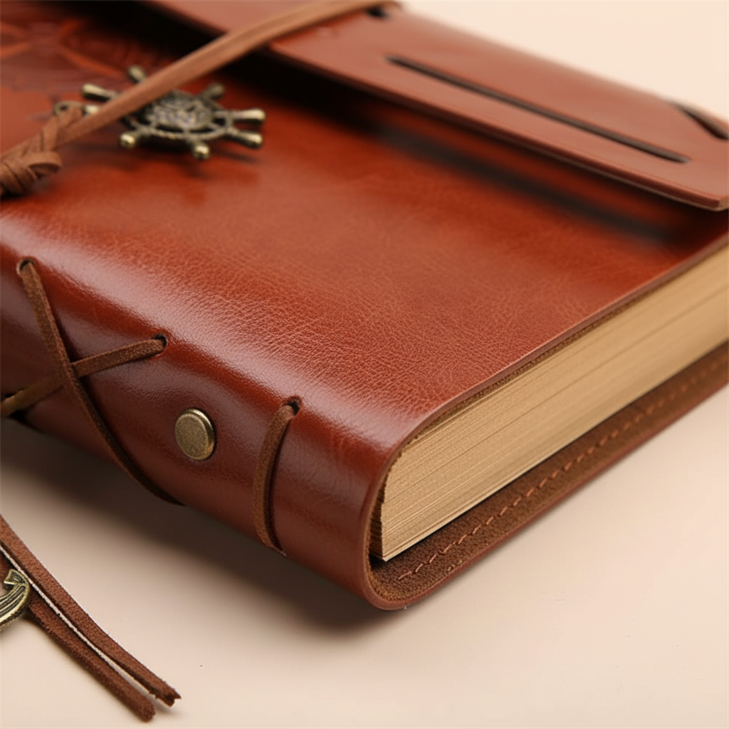 Compact refillable travel journal with vintage embossed compass design