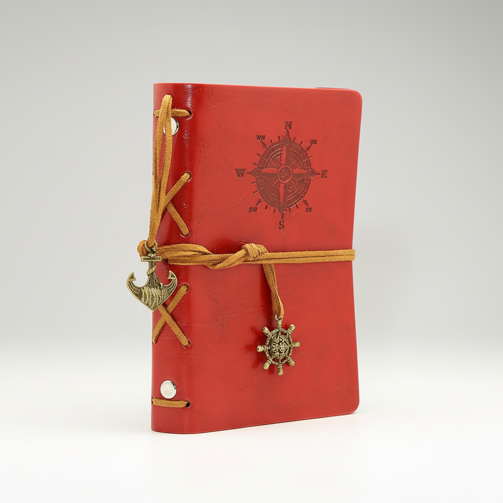 Compact refillable travel journal with vintage embossed compass design