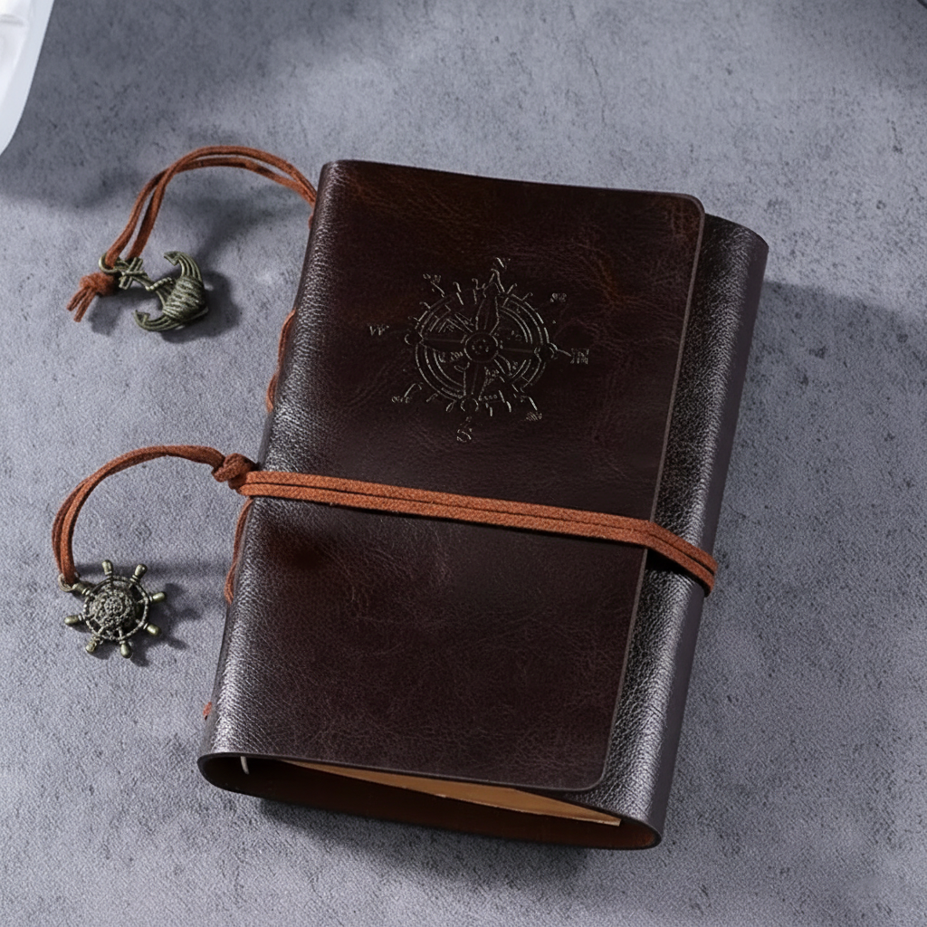 Compact refillable travel journal with vintage embossed compass design