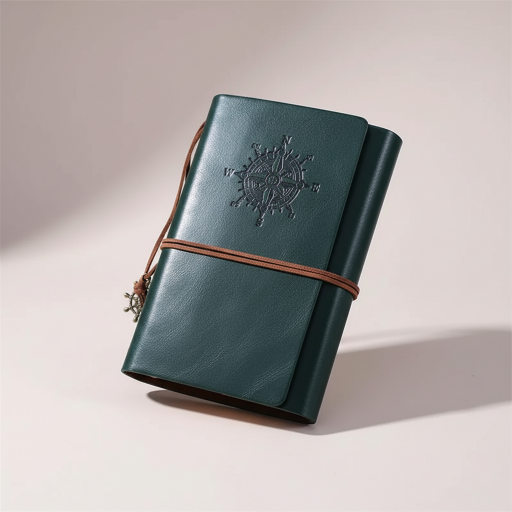 Compact refillable travel journal with vintage embossed compass design