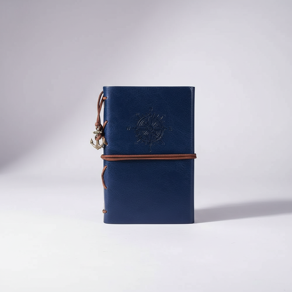 Compact refillable travel journal with vintage embossed compass design
