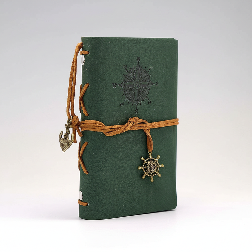 Compact refillable travel journal with vintage embossed compass design