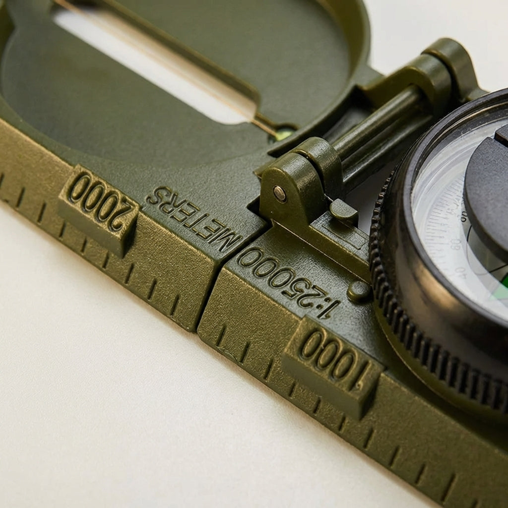 Compact folding sighting compass with water-resistant construction and integrated map scales