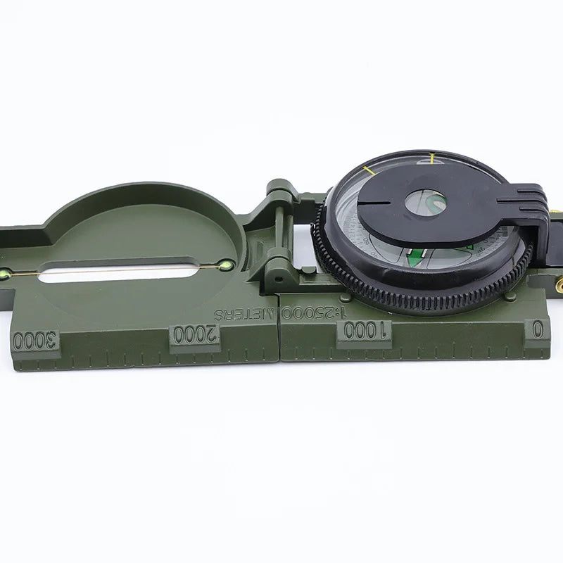 Compact folding sighting compass with water-resistant construction and integrated map scales