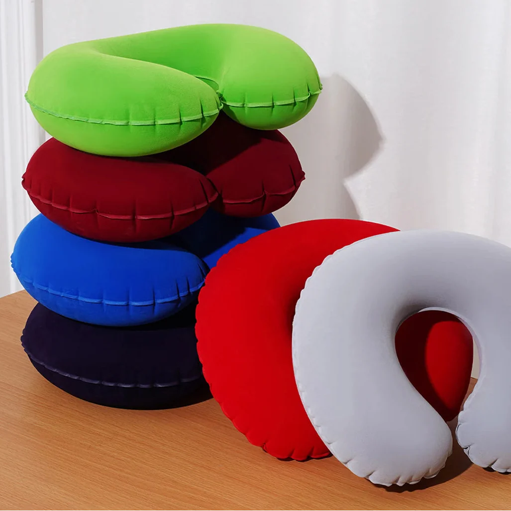 Inflatable U shaped travel neck pillow with compact packable design