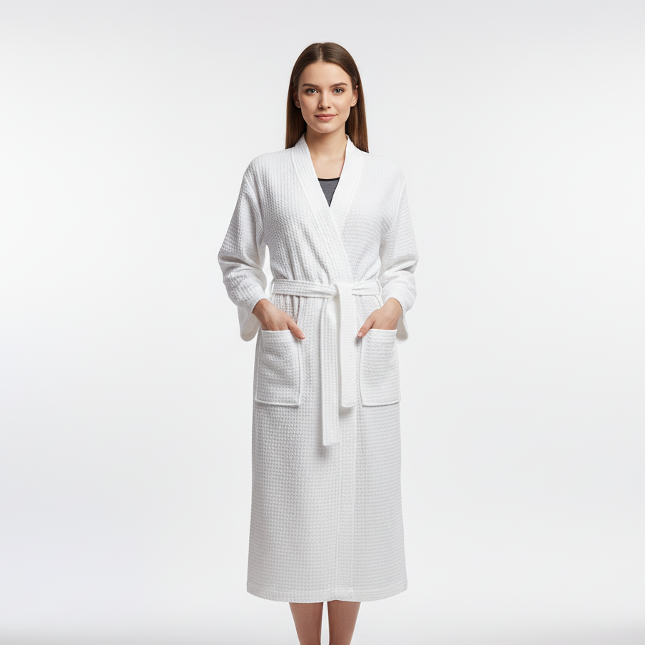Unisex knee-length waffle robe with breathable textured weave