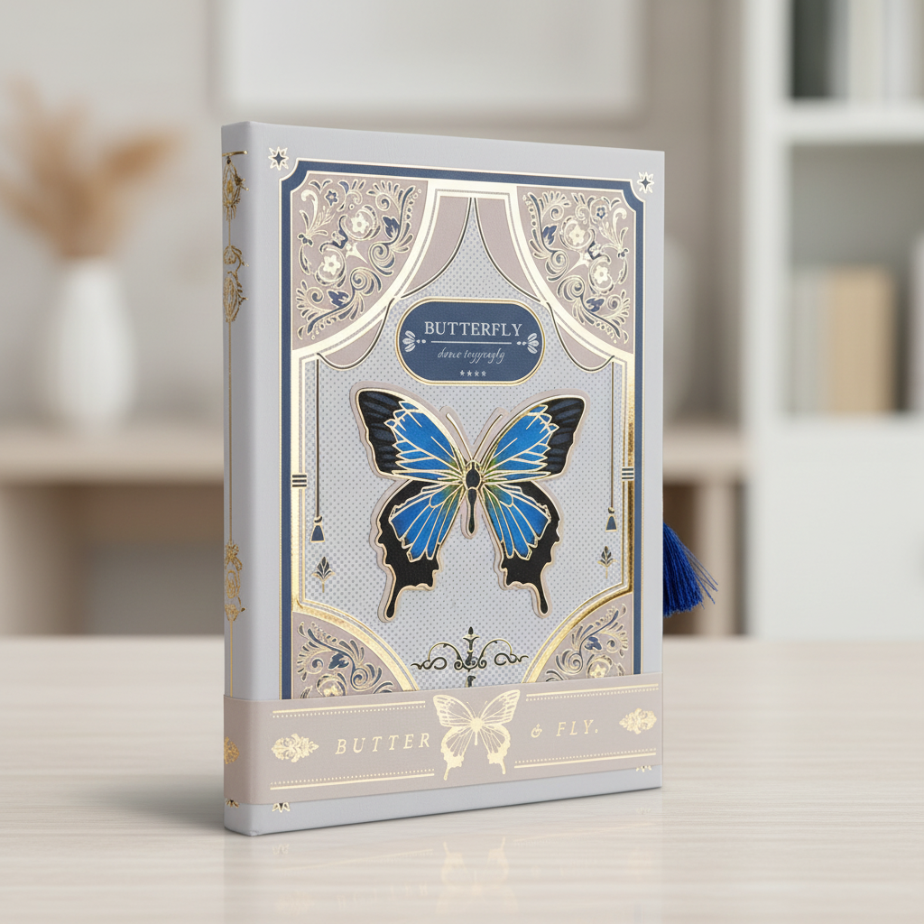 Hardcover illustrated notebook with butterfly design and metallic accents