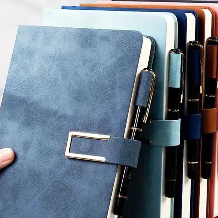 A5 retro notebook with integrated pen loop and strap closure