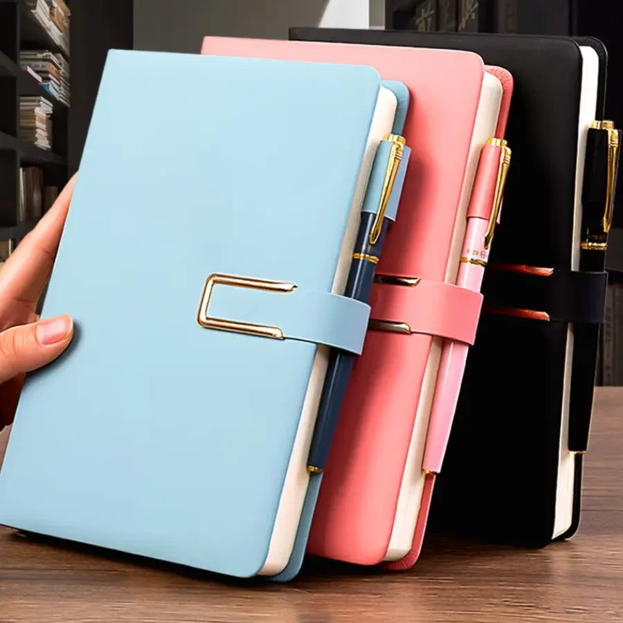 A5 retro notebook with integrated pen loop and strap closure
