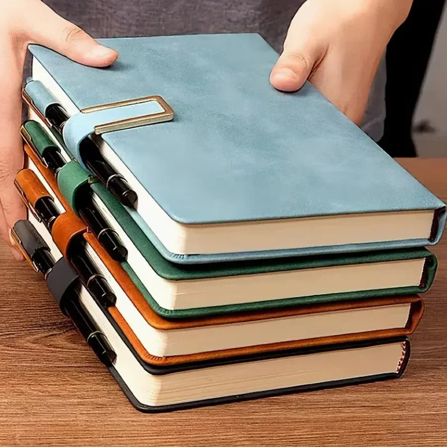 A5 retro notebook with integrated pen loop and strap closure