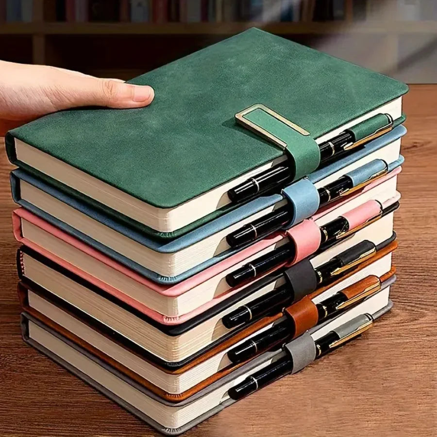 A5 retro notebook with integrated pen loop and strap closure