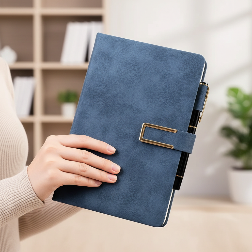 A5 retro notebook with integrated pen loop and strap closure