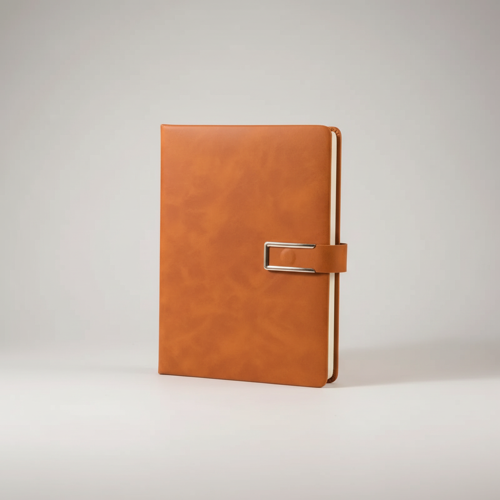 A5 retro notebook with integrated pen loop and strap closure