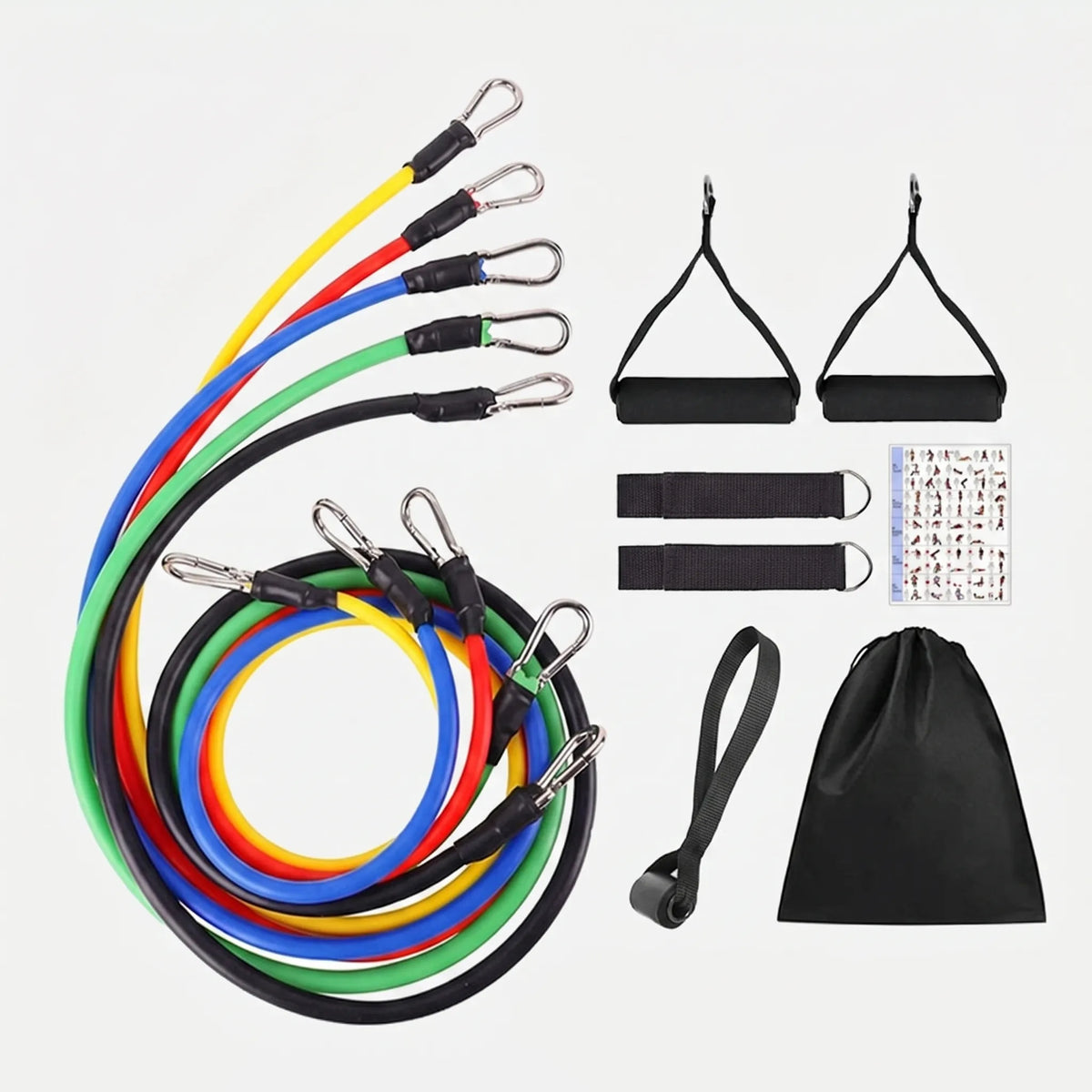 Resistance band set with colour-coded tubes, padded handles and ankle straps