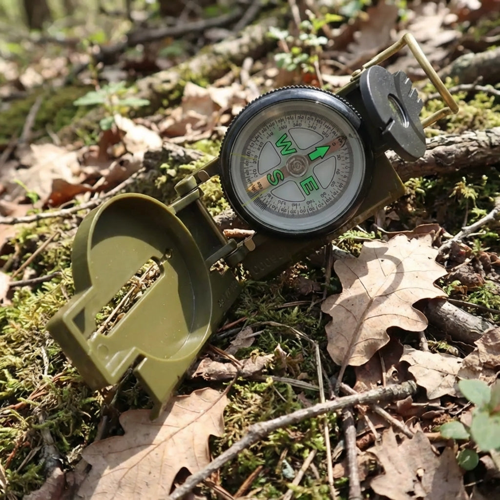 Lensatic field compass with phosphorescent markings for hiking and camping