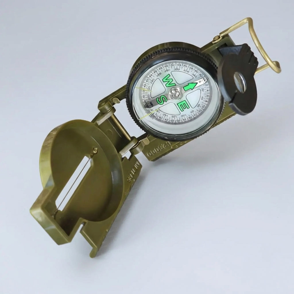 Lensatic field compass with phosphorescent markings for hiking and camping