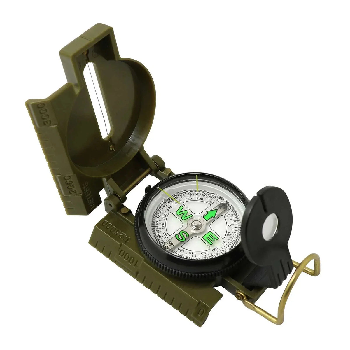 Lensatic field compass with phosphorescent markings for hiking and camping