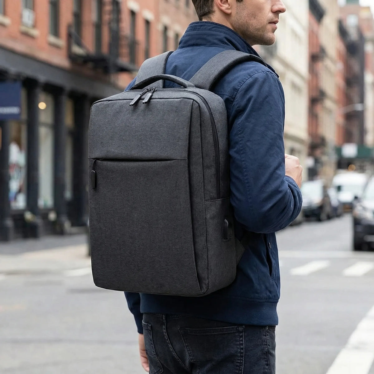 Water-resistant laptop backpack with USB charging port and padded compartment