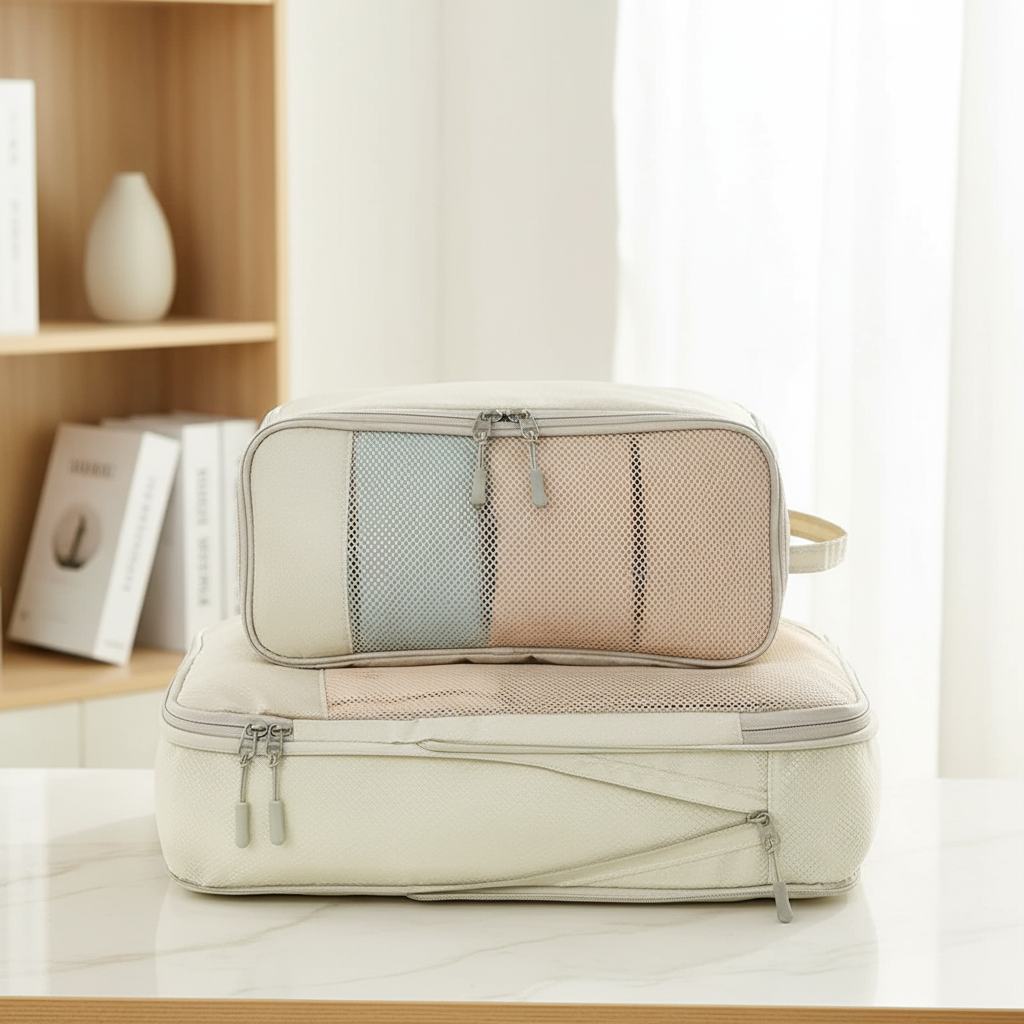 Travel packing cubes with breathable mesh tops and compression design
