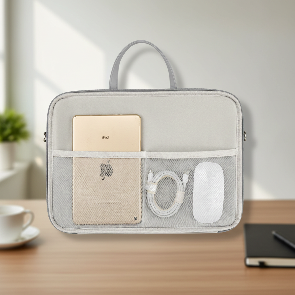 Padded laptop briefcase with mesh pockets and water-resistant nylon