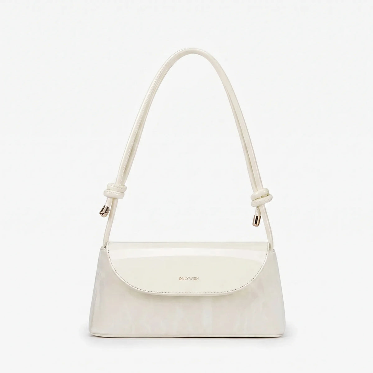 Compact square shoulder bag with knotted strap and flap closure