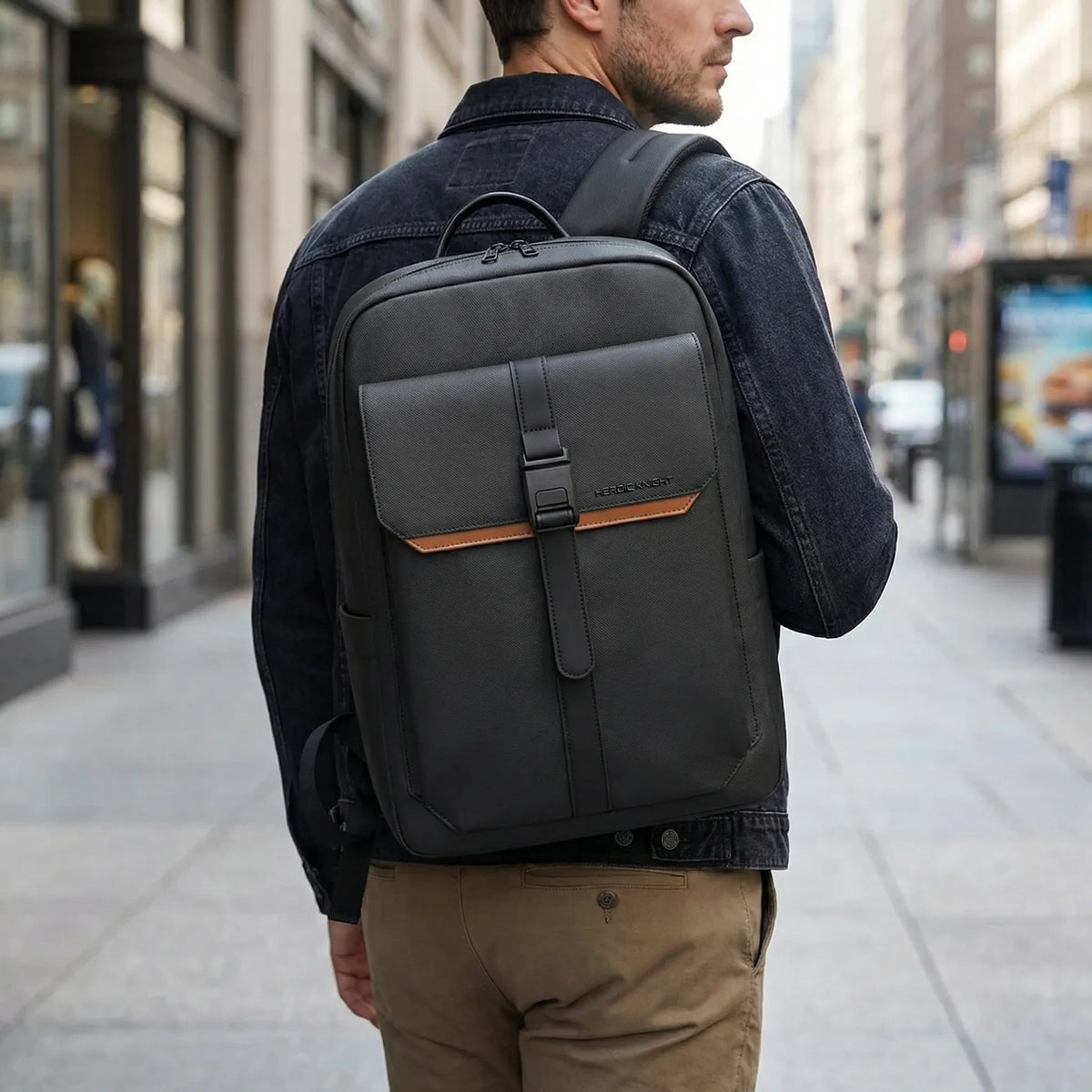 Men's water-resistant laptop backpack with flap closure and contrast stripe