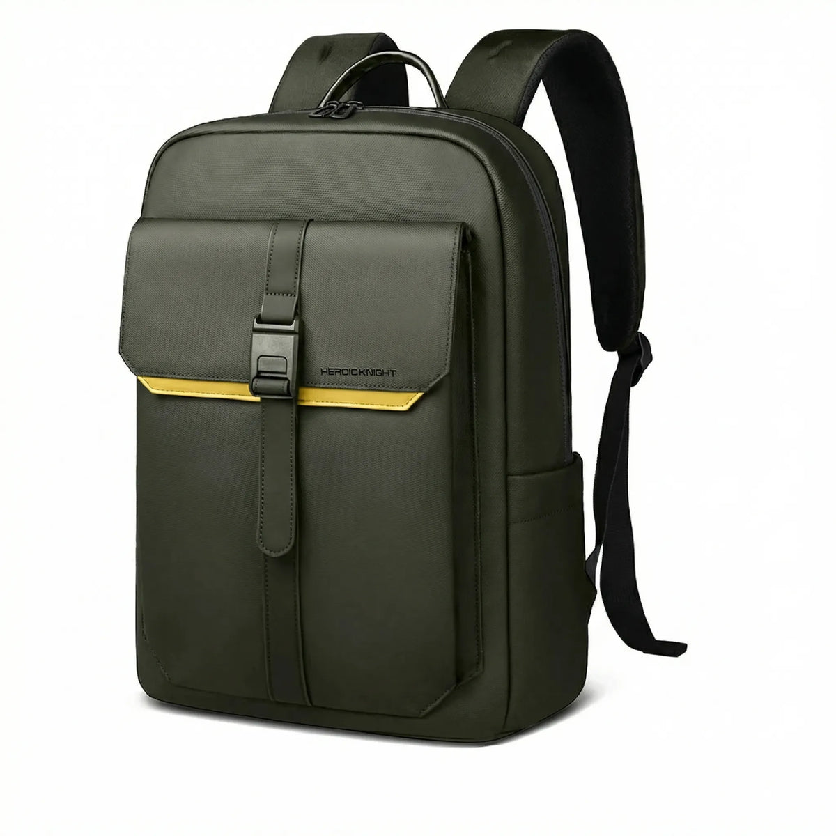 Men's water-resistant laptop backpack with flap closure and contrast stripe