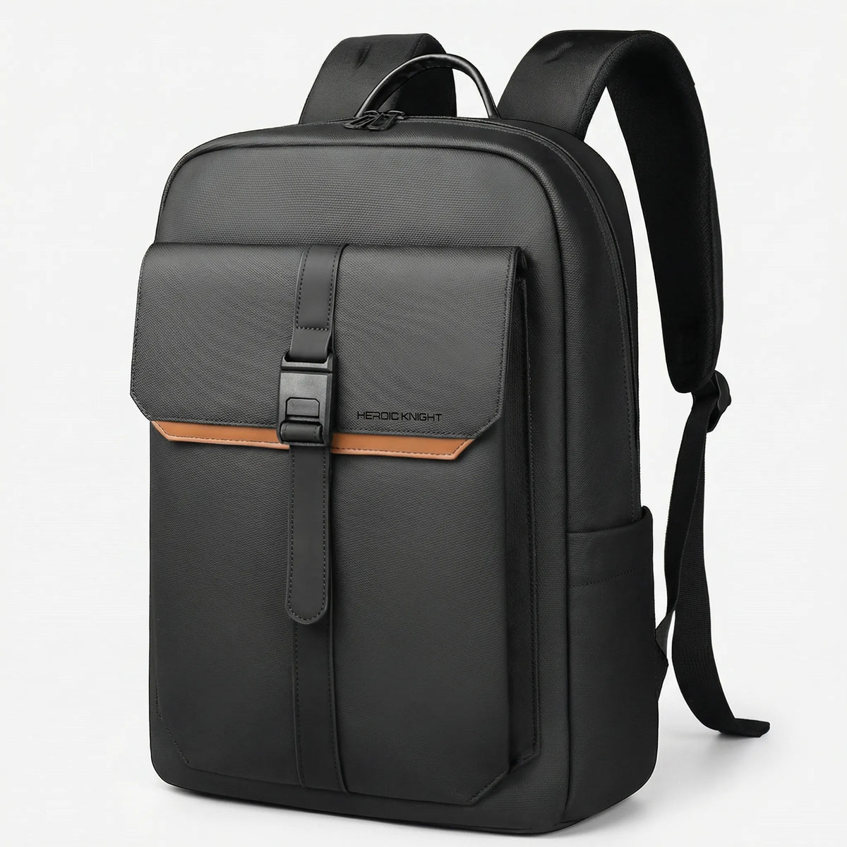 Men's water-resistant laptop backpack with flap closure and contrast stripe