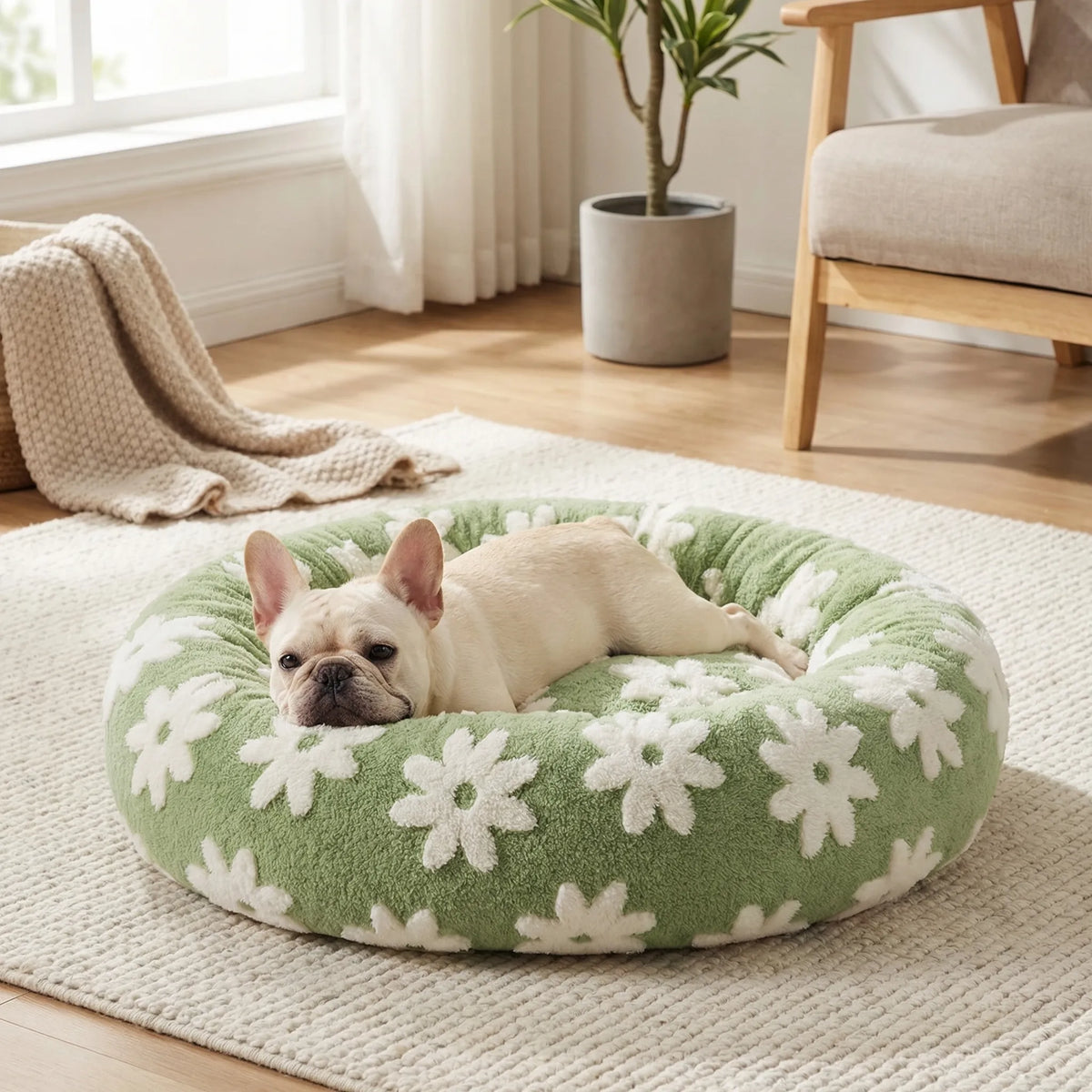 Round plush dog bed for small dogs with raised bolster edge non-slip