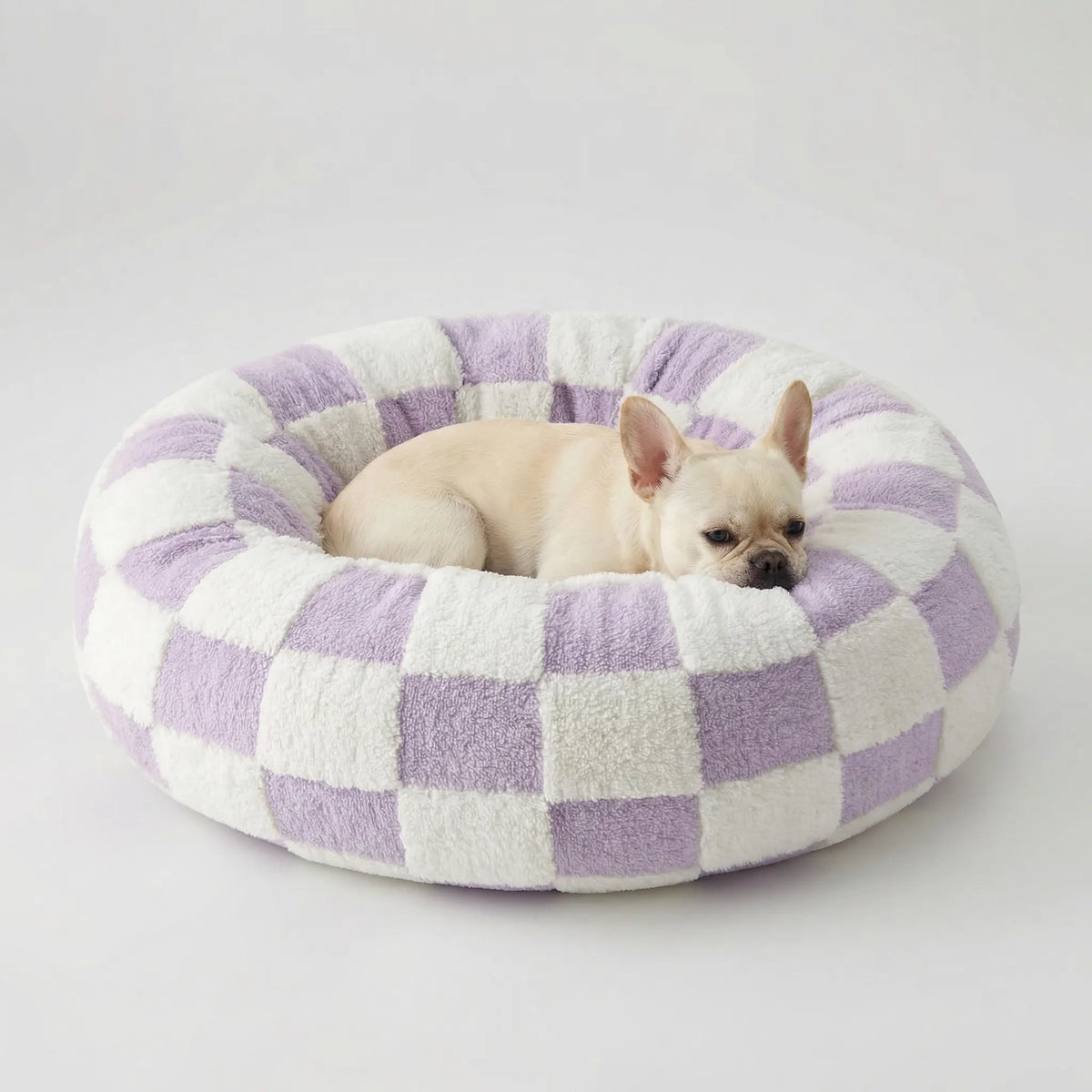 Round plush dog bed for small dogs with raised bolster edge non-slip