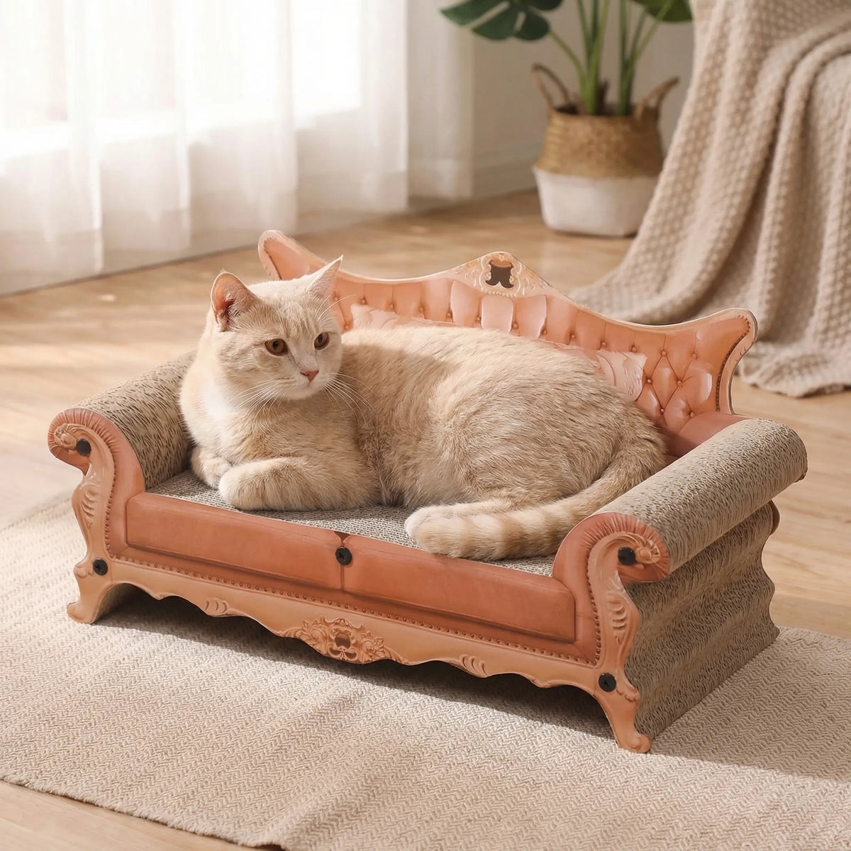 European-style cat scratcher chaise lounge with corrugated scratching surfaces
