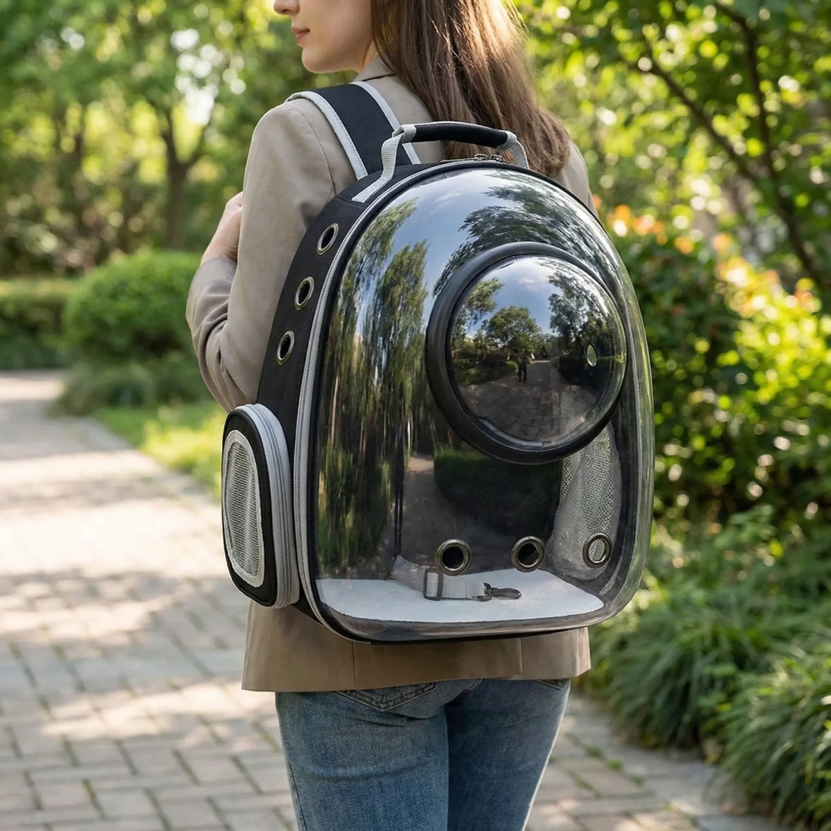 Pet backpack with transparent bubble window and breathable design