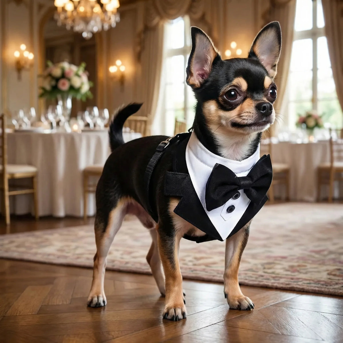 Dog tuxedo vest harness with bow tie, adjustable for small to medium breeds
