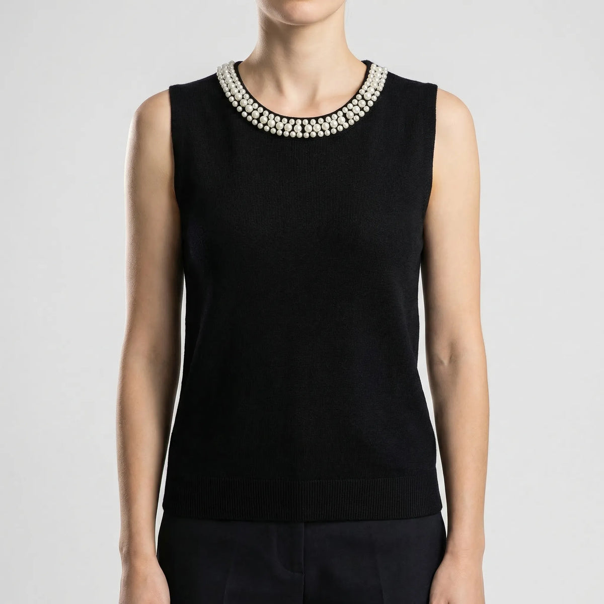 Sleeveless knitted vest with pearl trim hem and stud-embellished straps