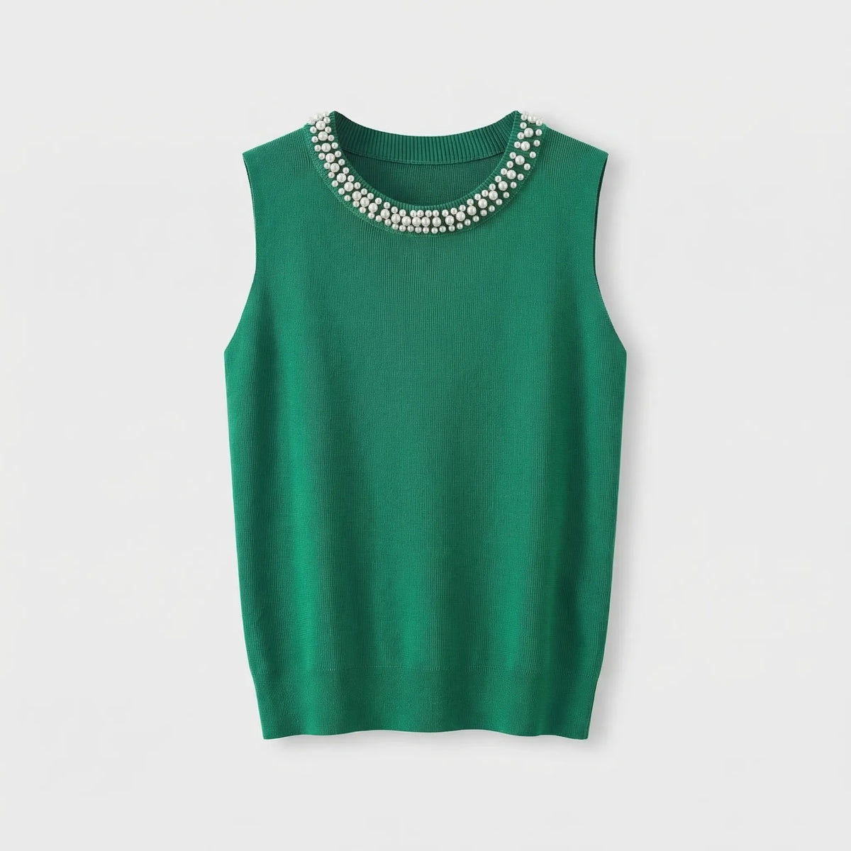 Sleeveless knitted vest with pearl trim hem and stud-embellished straps