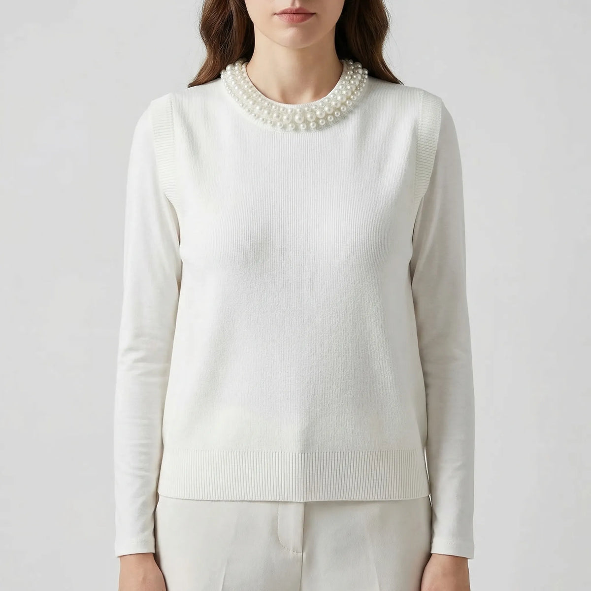 Sleeveless knitted vest with pearl trim hem and stud-embellished straps