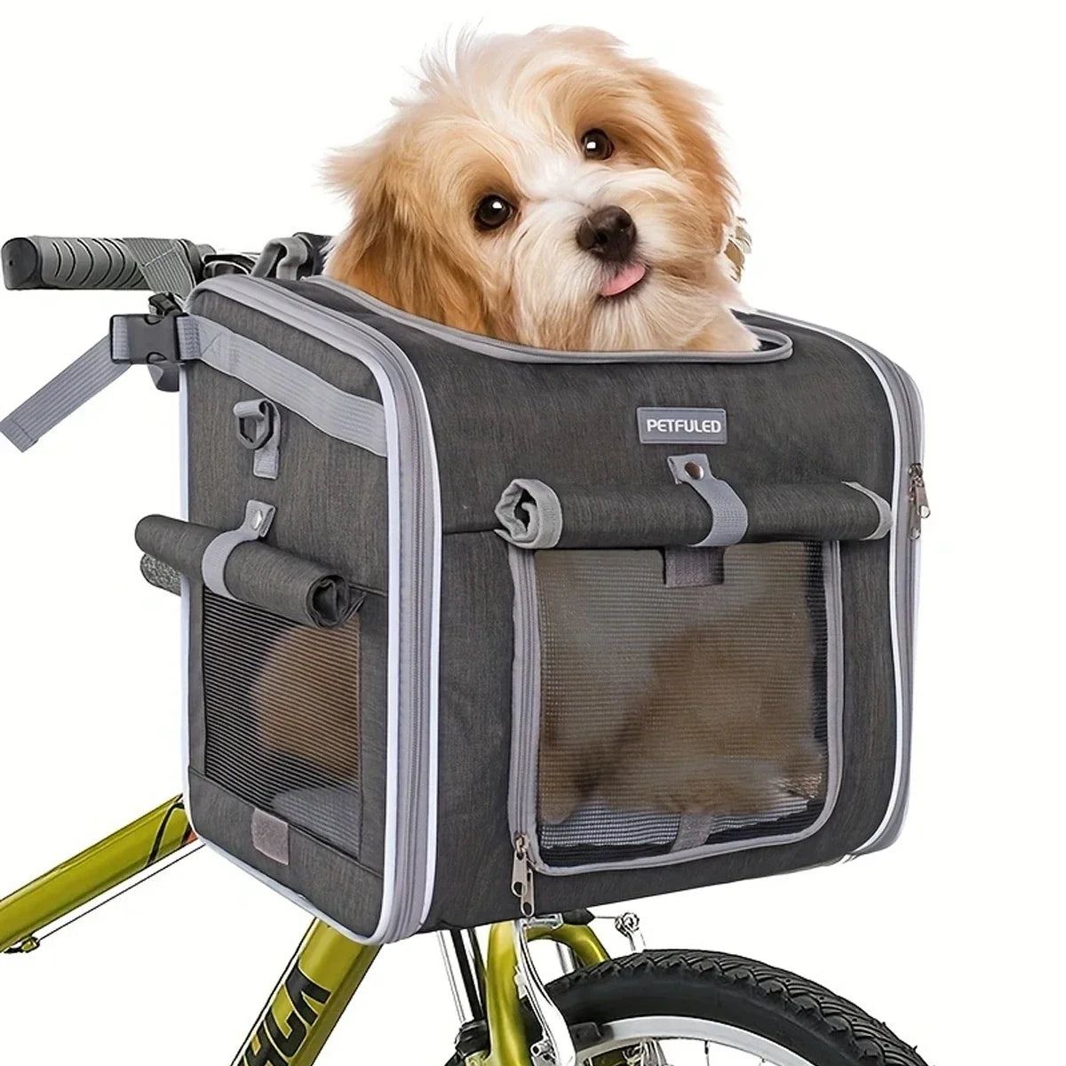 Soft-sided pet bike basket with expandable interior and multiple door access