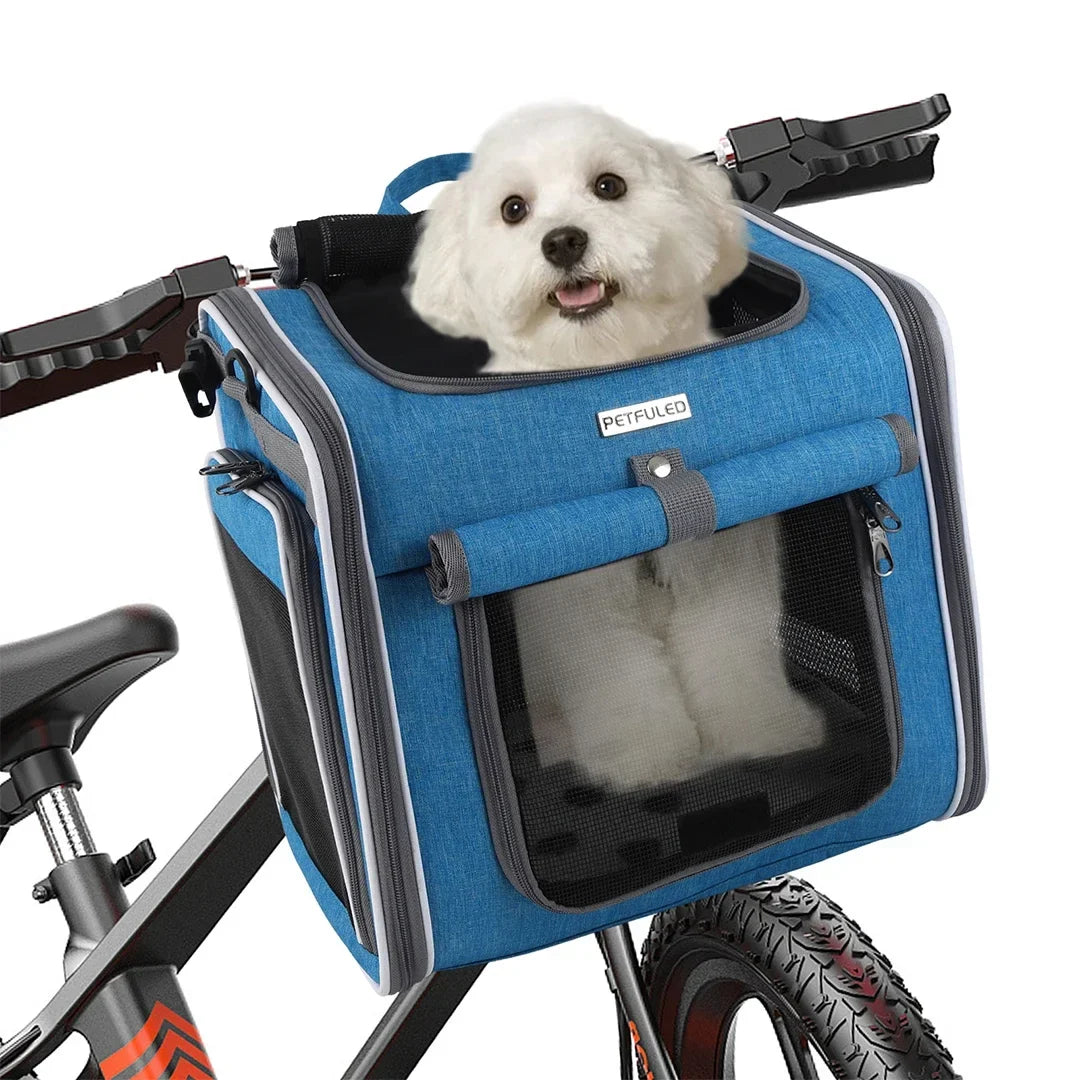 Soft-sided pet bike basket with expandable interior and multiple door access