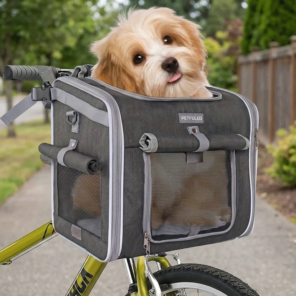 Soft-sided pet bike basket with expandable interior and multiple door access