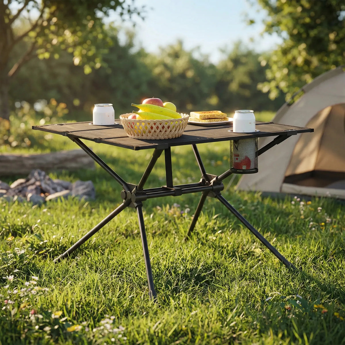 Compact folding camping table with integrated cup holders and carry bag