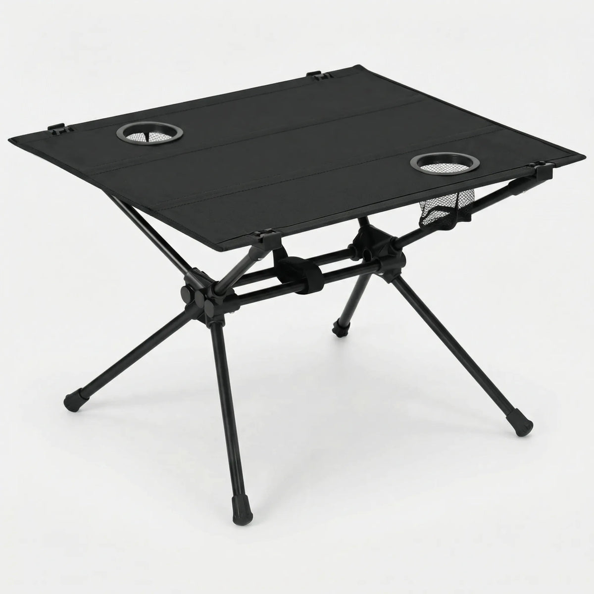 Compact folding camping table with integrated cup holders and carry bag