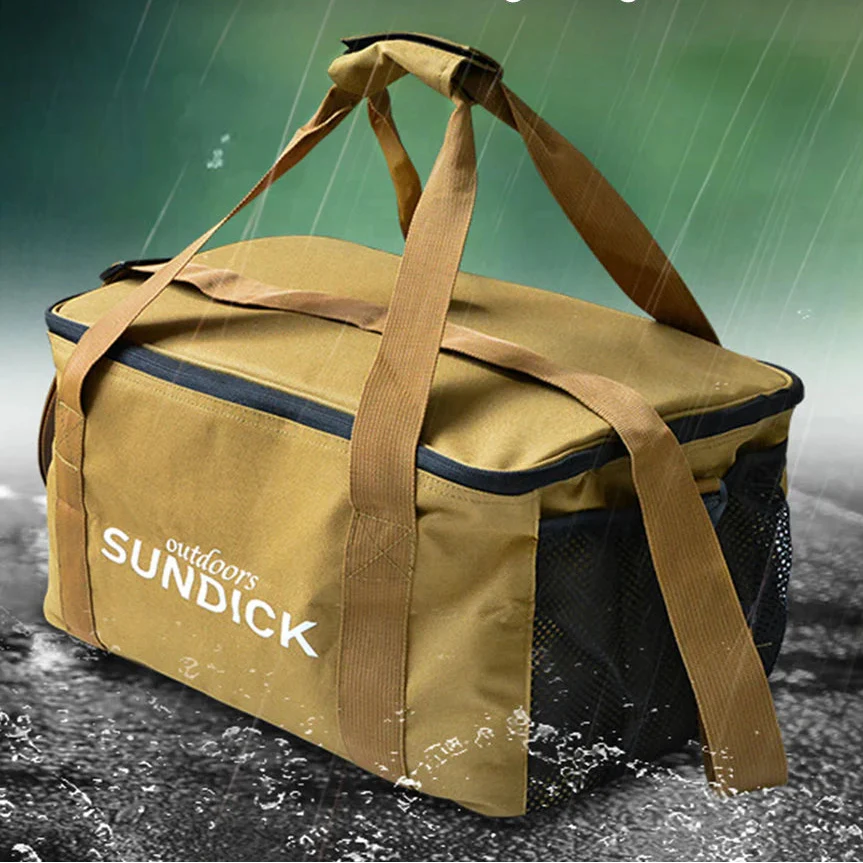 Large insulated picnic organiser bag with multiple compartments for tableware and cookware