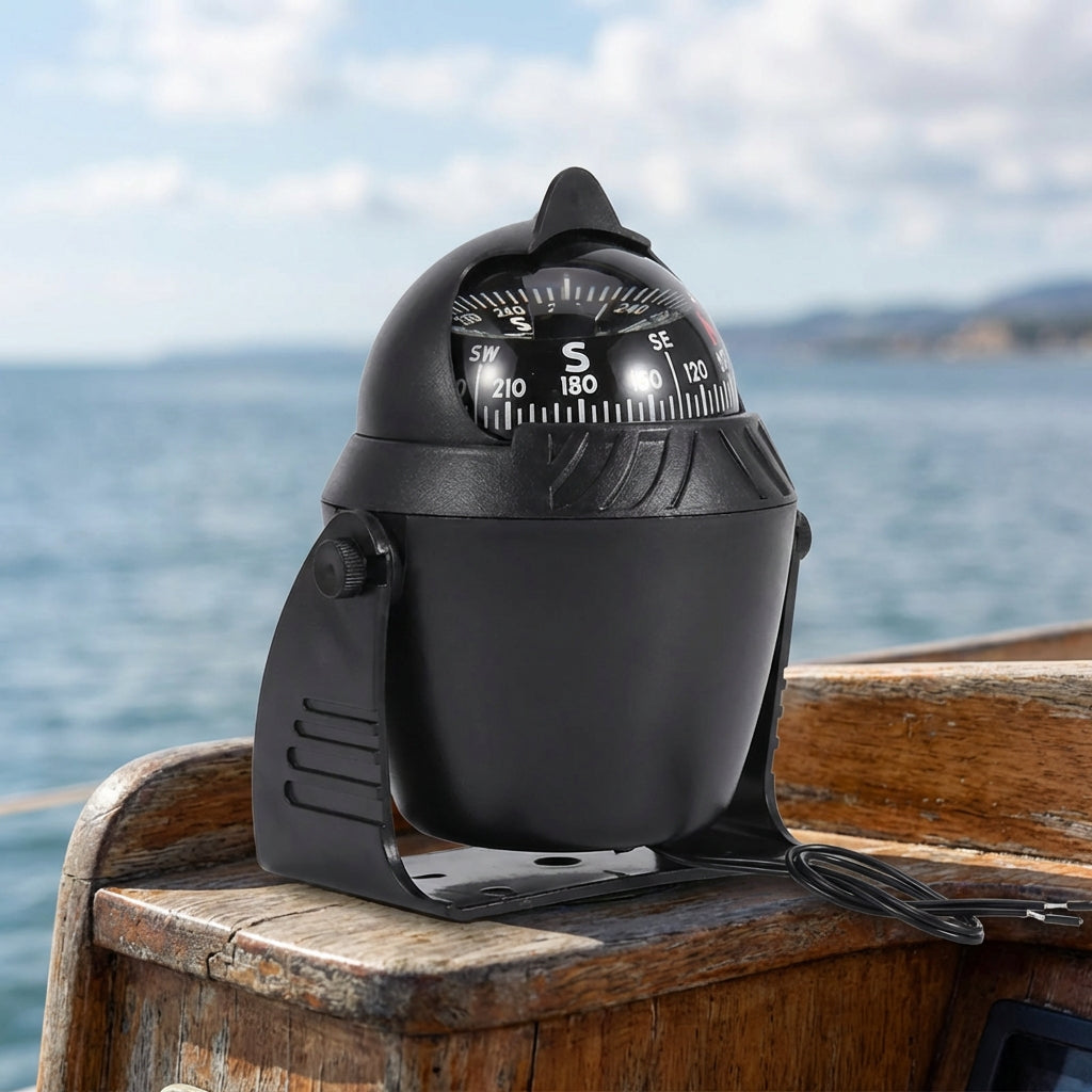 Compact illuminated swivel compass for car and boat dashboard