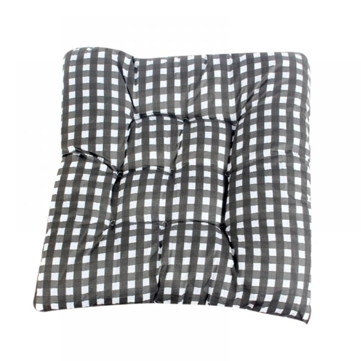 Square tufted chair pad with checkered pattern and attachment straps