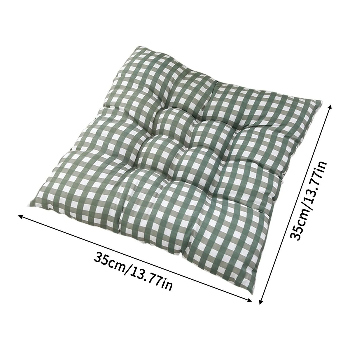 Square tufted chair pad with checkered pattern and attachment straps